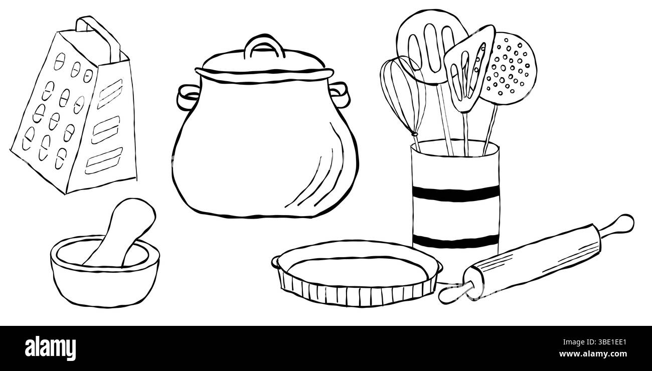 Ustensiles de cuisine avec spatule à râpe, support rouleau à pâtisserie et plat de cuisson Illustration de Vecteur