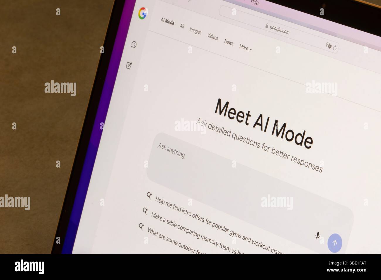 Le mode ai dans Google Search, vu sur l'écran d'un ordinateur le 26 mai 2025. Banque D'Images