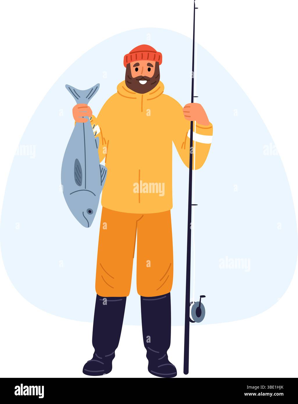 Pêcheur avec barbe et canne à pêche détient le poisson a capturé. Heureux pêcheur debout avec un appât de crochet de pêcheur et une perche. Loisir masculin. Homme à la ligne Illustration de Vecteur