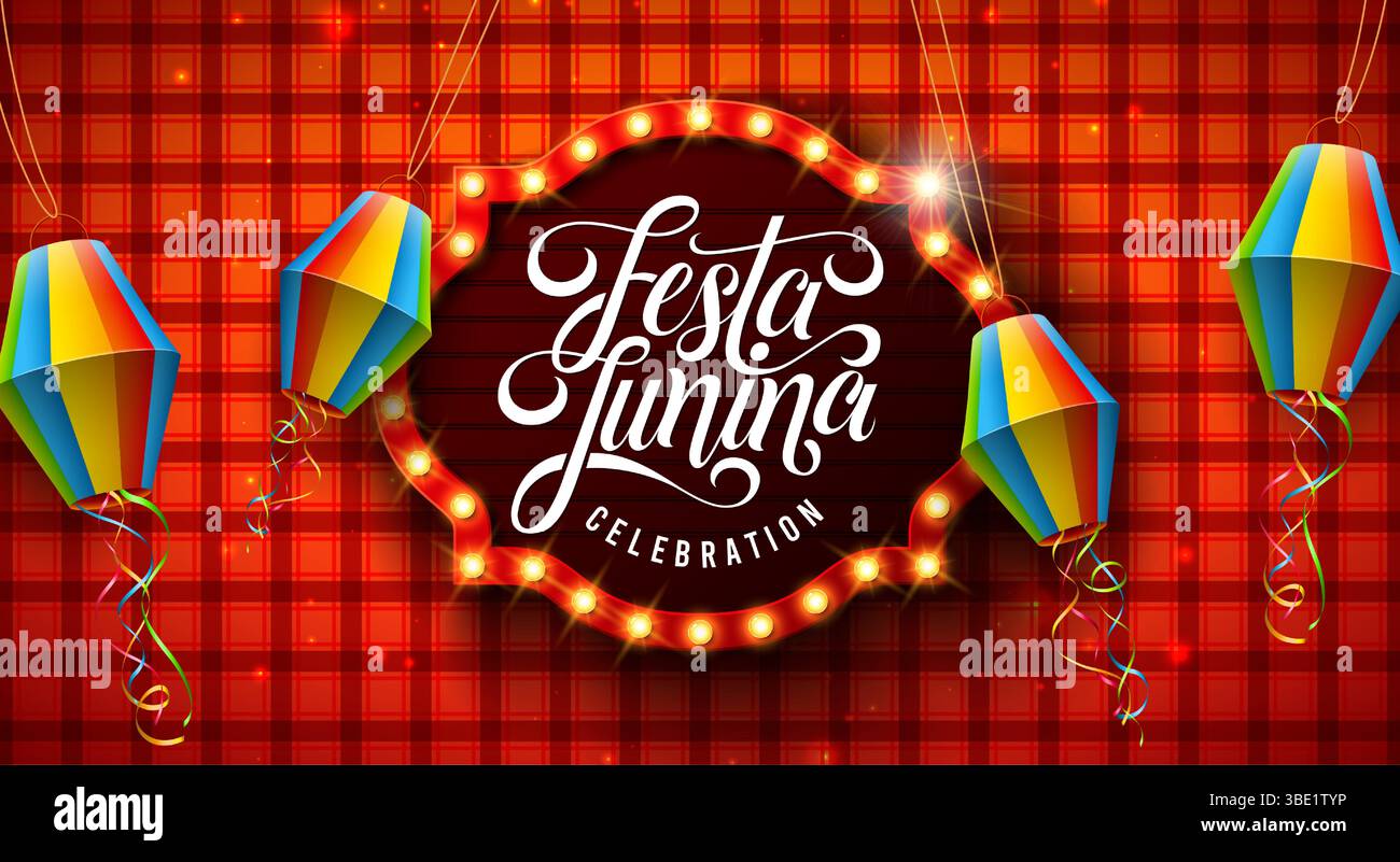 Festa Junina illustration de bannière avec, lanterne en papier et panneau d'affichage d'ampoule sur fond à carreaux rouge. Vector Brazil June Sao Joao Festival Design Illustration de Vecteur