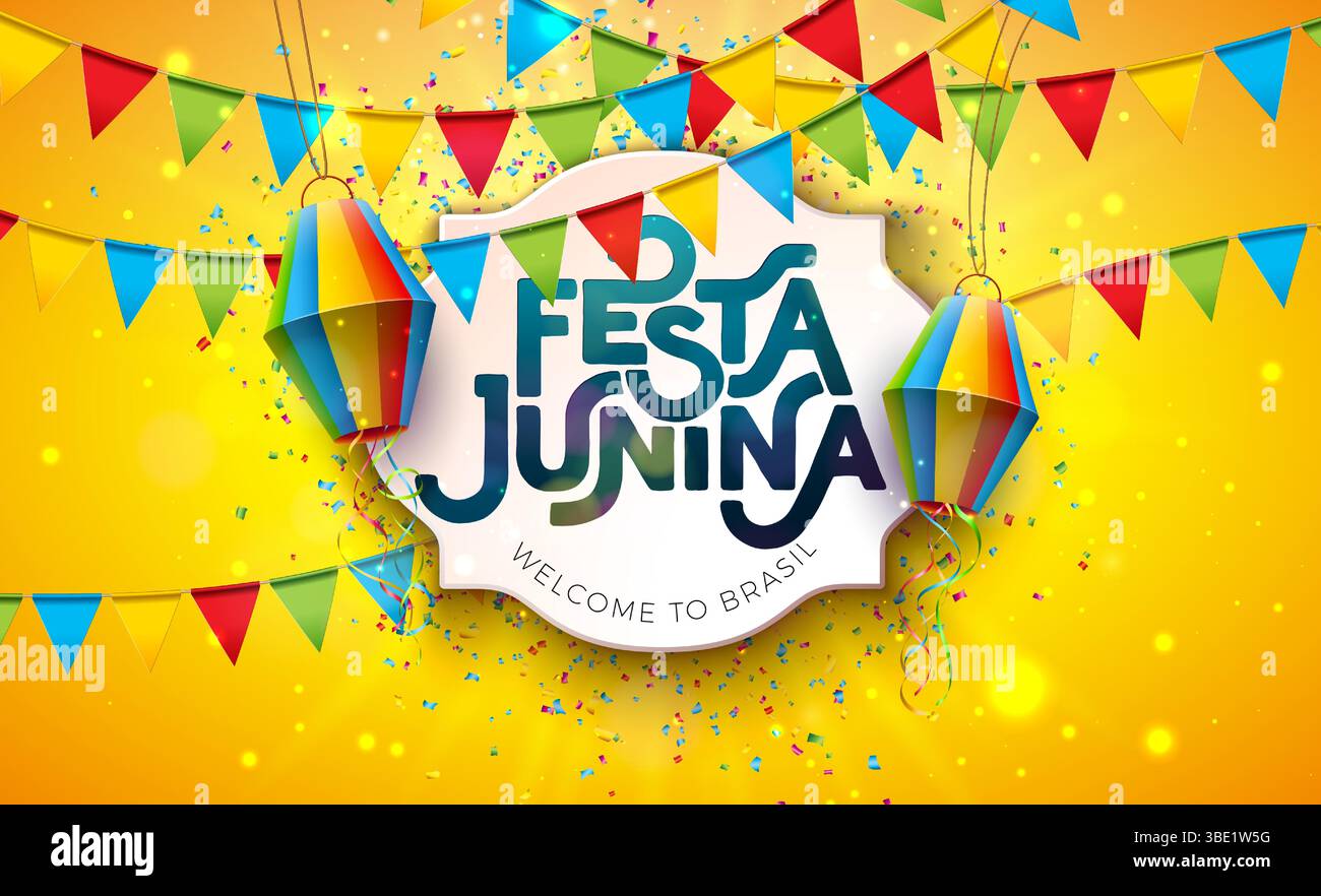 Conception de bannière Festa Junina avec drapeaux de fête, lanterne en papier et lettrage typographique sur fond confettis jaune tombant. Vecteur Brésil Sao Joao juin Illustration de Vecteur