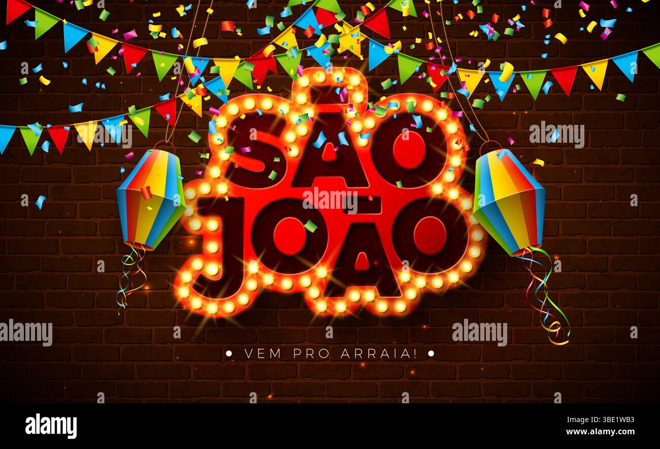 Illustration de bannière Festa Junina avec drapeaux de fête, lanterne en papier et lettre de panneau d'affichage d'ampoule de Sao Joao sur fond de mur de briques. Vecteur Brésil juin Illustration de Vecteur