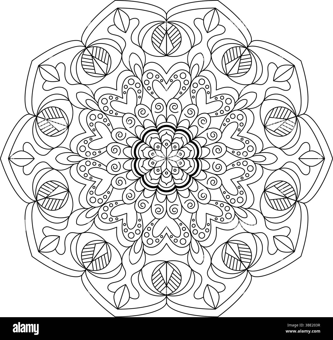Mandala noir et blanc symétrique avec motifs floraux, coeurs et feuilles. Idéal pour les livres de coloriage, la méditation et l'usage décoratif Illustration de Vecteur