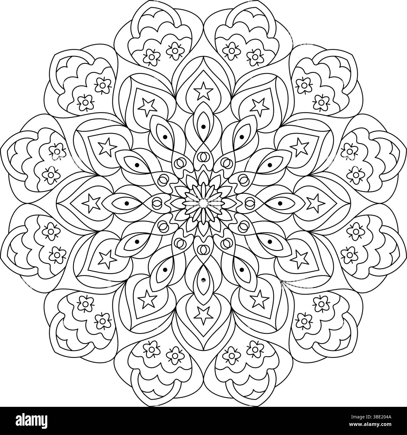Mandala noir et blanc complexe avec des éléments floraux, coeurs et étoiles. Idéal pour la coloration adulte, la pleine conscience et les projets artistiques imprimables. Illustration de Vecteur