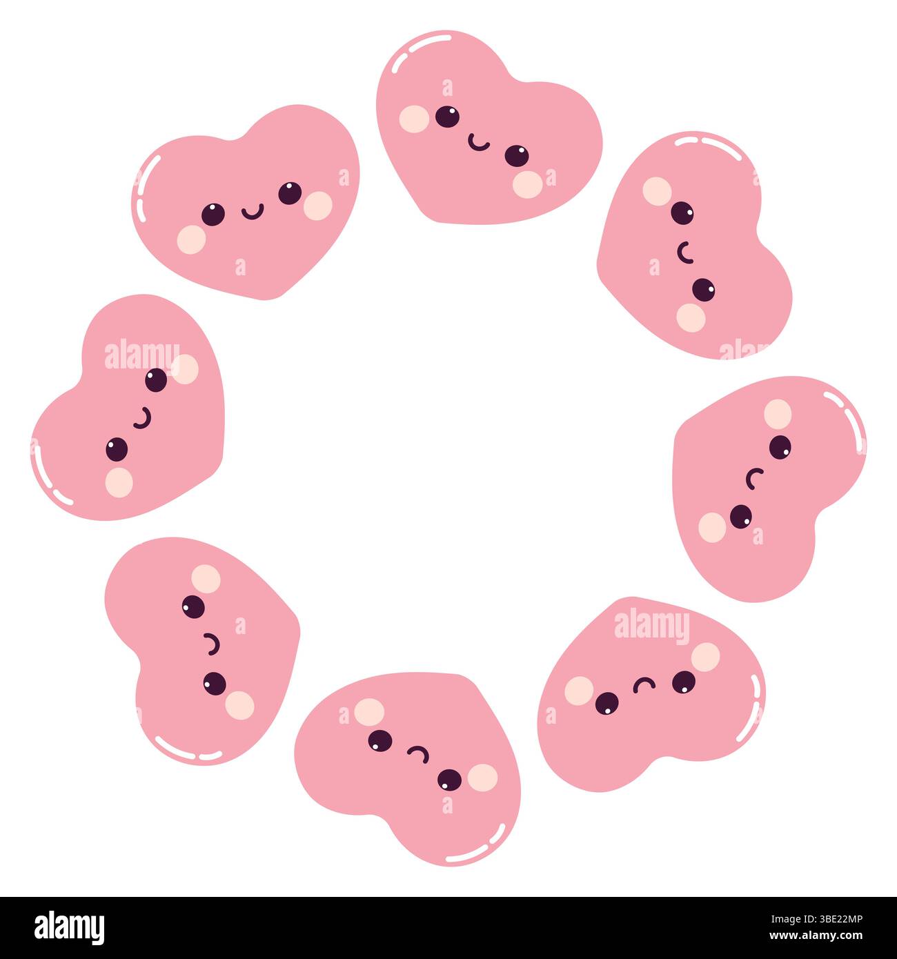 Cadre rond avec de mignons coeurs roses. Coeur avec le visage mignon. Cœur souriant. Illustration de Vecteur