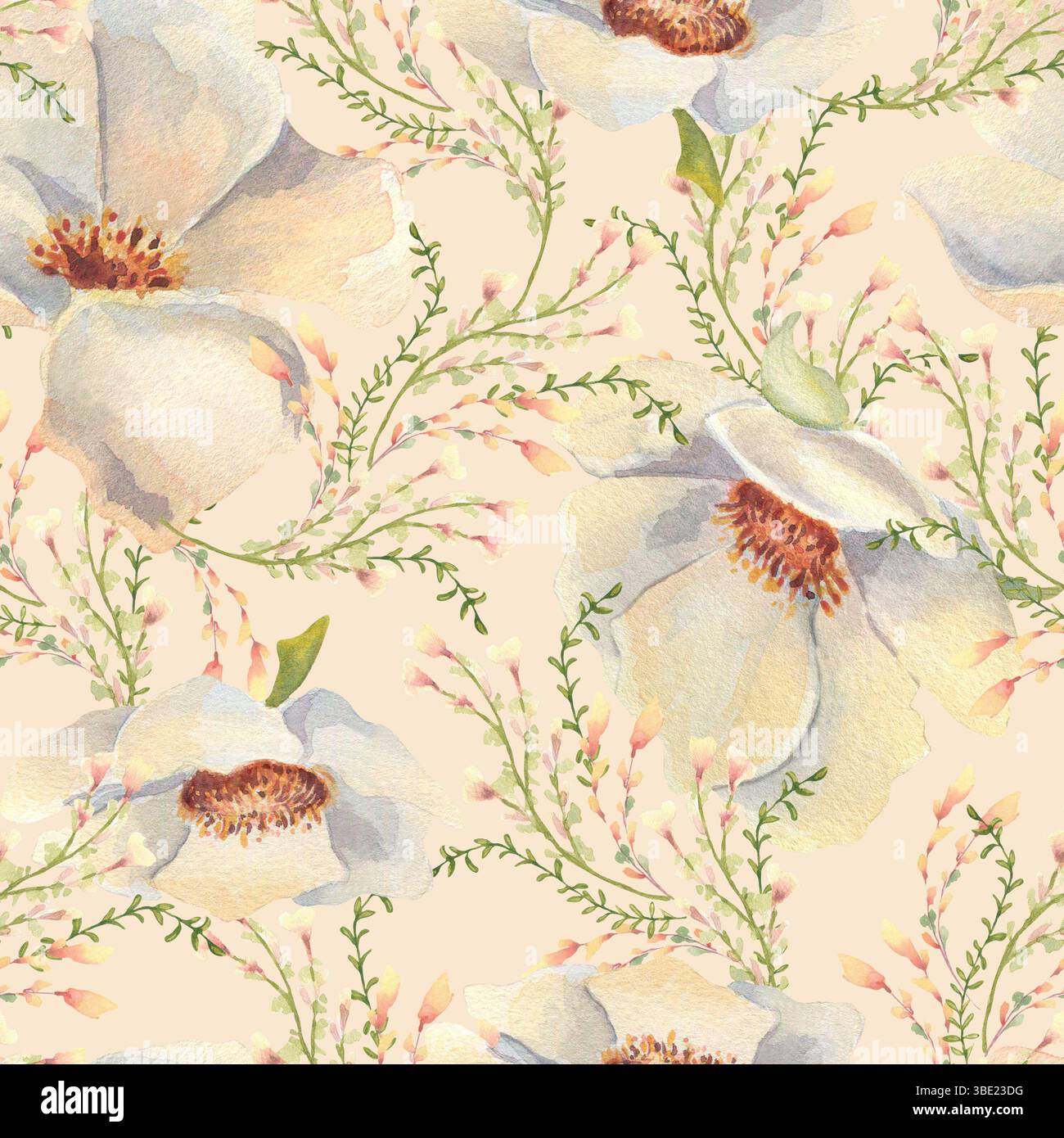 Motif floral sans couture d'anémones crémeuses et de minuscules fleurs sauvages aquarelle dessinée à la main. Texture botanique élégante avec des roses sauvages blanches et douces Banque D'Images