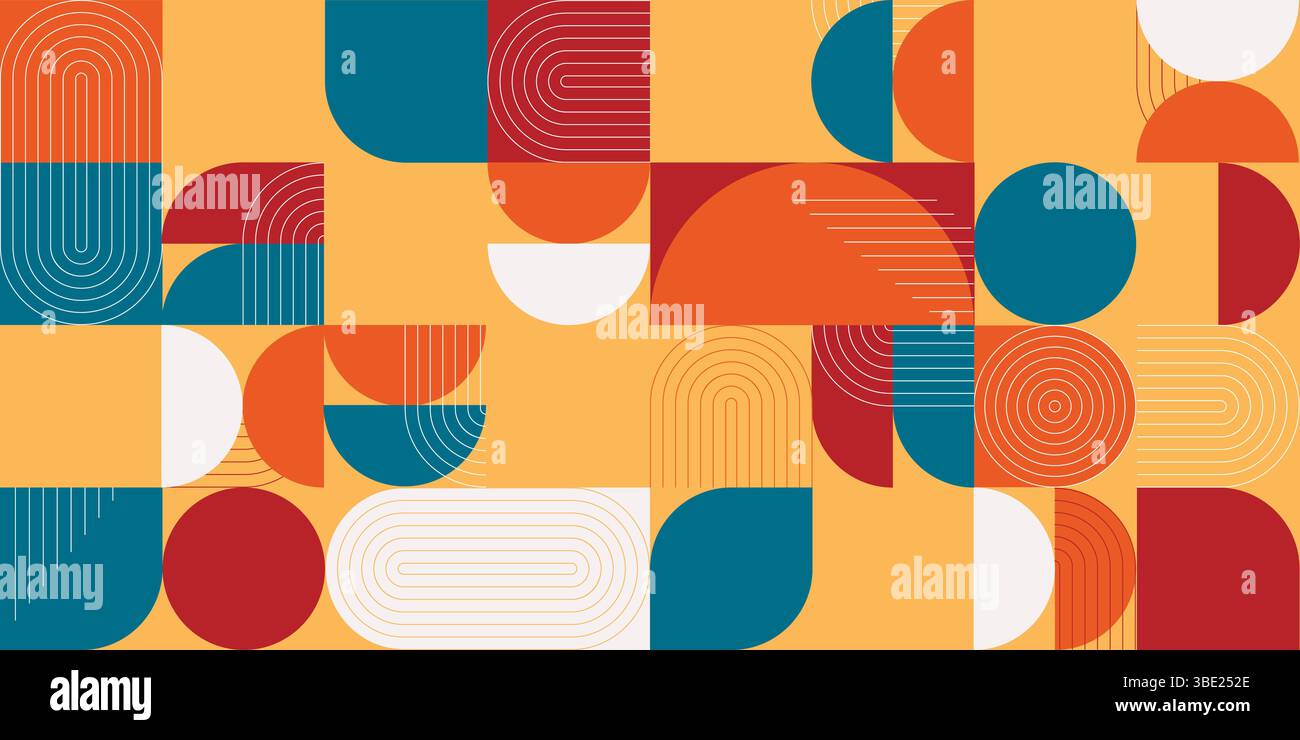 Éléments géométriques motif sans couture moderne. Fond lumineux avec des cercles, demi-cercle, lignes. Imprimé carrelage contemporain, graphismes vectoriels Illustration de Vecteur