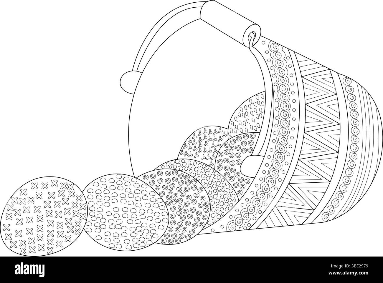 Illustration d'art au trait noir et blanc pour la coloration, avec un panier débordant d'œufs de Pâques magnifiquement motifs. Illustration de Vecteur
