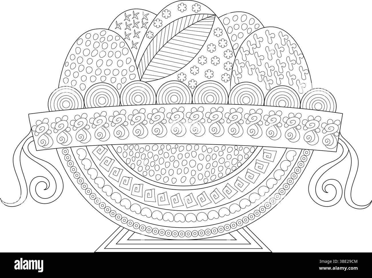 Dessin au trait noir et blanc avec un bol décoratif rempli d'œufs de Pâques à motifs abstraits, orné d'un ruban détaillé et d'un élé tourbillonnant Illustration de Vecteur