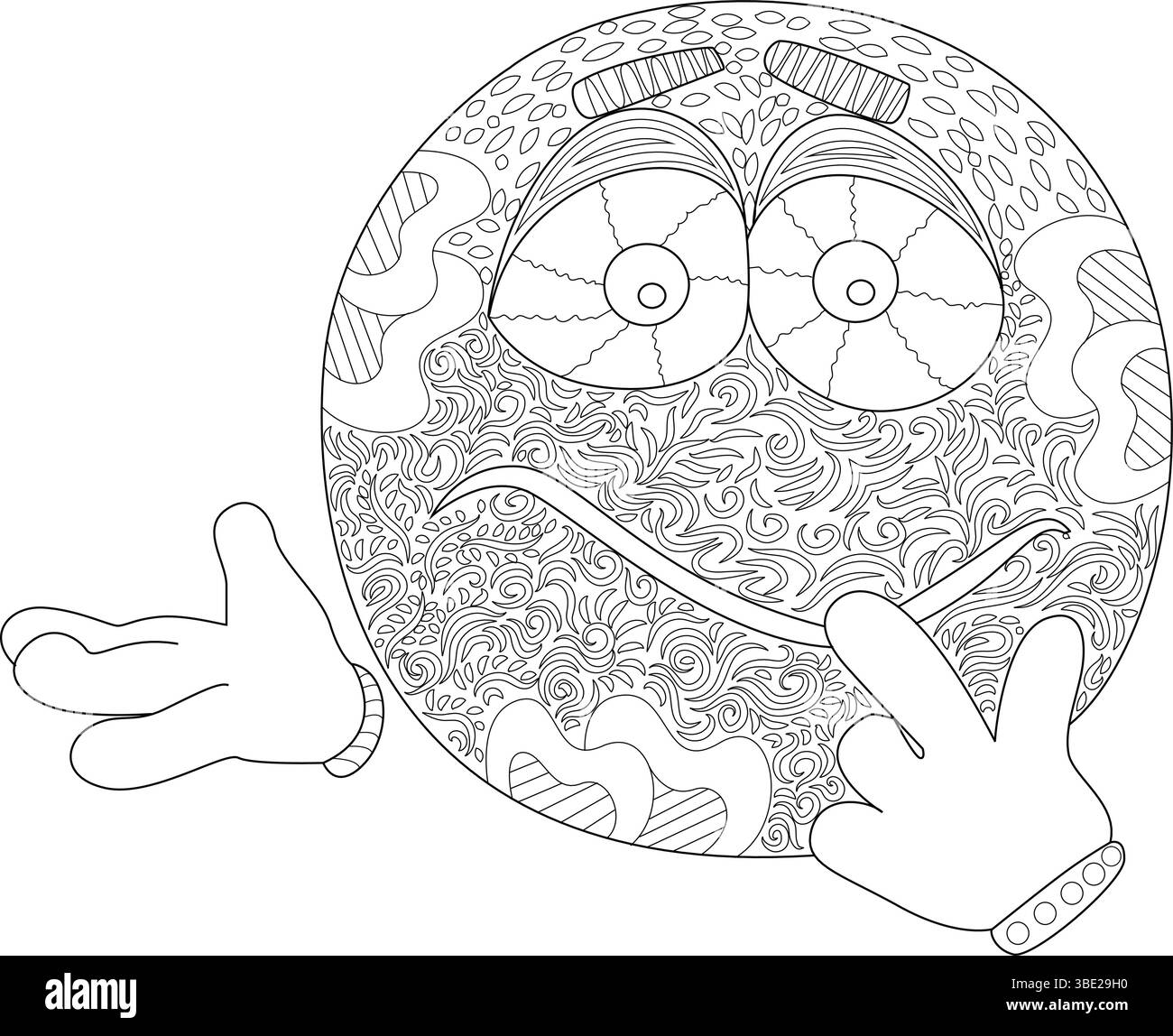 Illustration détaillée d'art de ligne noir et blanc d'un visage emoji expressif avec des motifs complexes et des gestes de la main, parfait pour les livres de coloriage adultes, Illustration de Vecteur