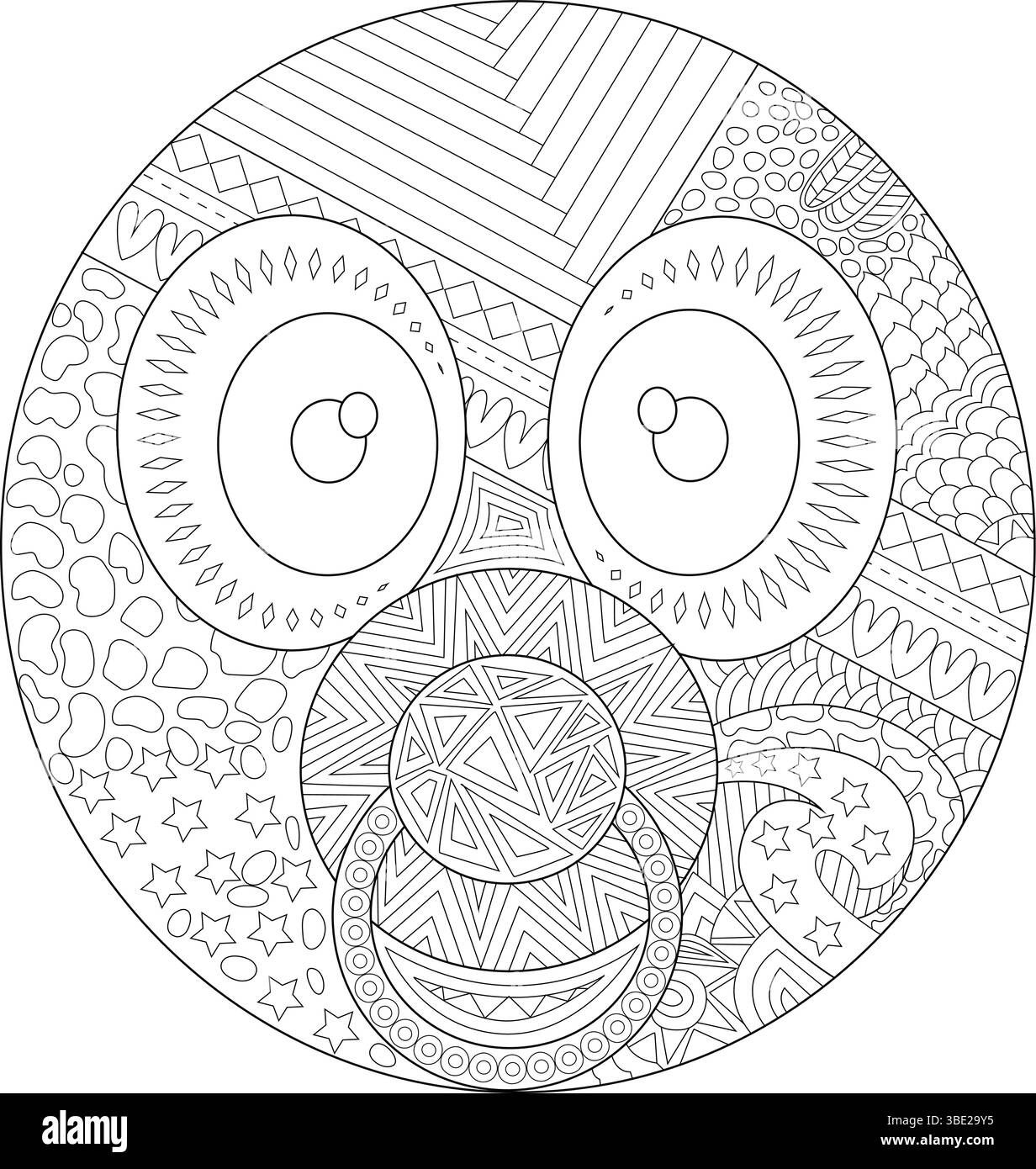 Illustration d'art au trait noir et blanc d'une forme circulaire ressemblant à un visage emoji, remplie de divers motifs géométriques et organiques détaillés includi Illustration de Vecteur