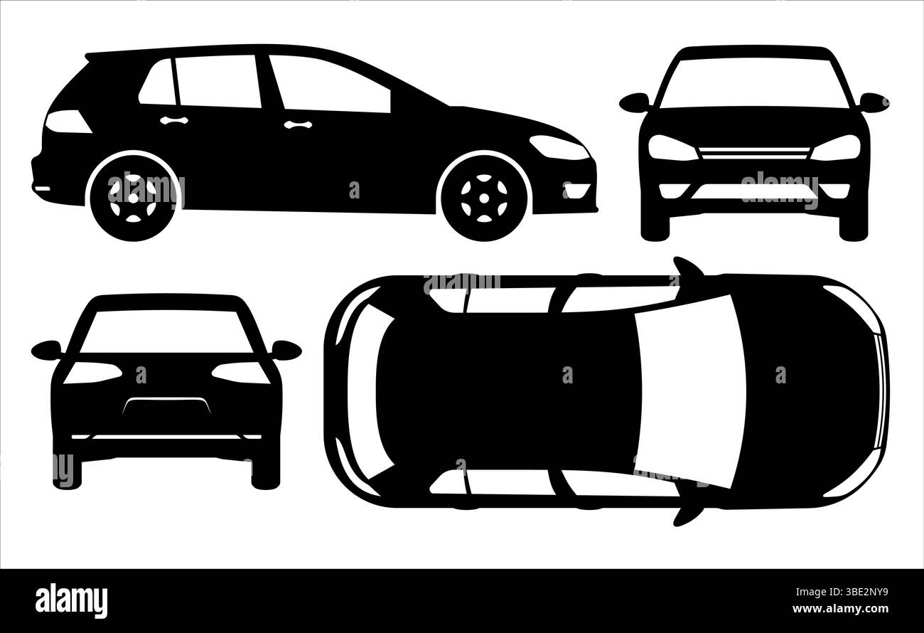 Silhouette de voiture à hayon sur un fond blanc. Les icônes du véhicule définissent la vue latérale, avant, arrière et supérieure Illustration de Vecteur