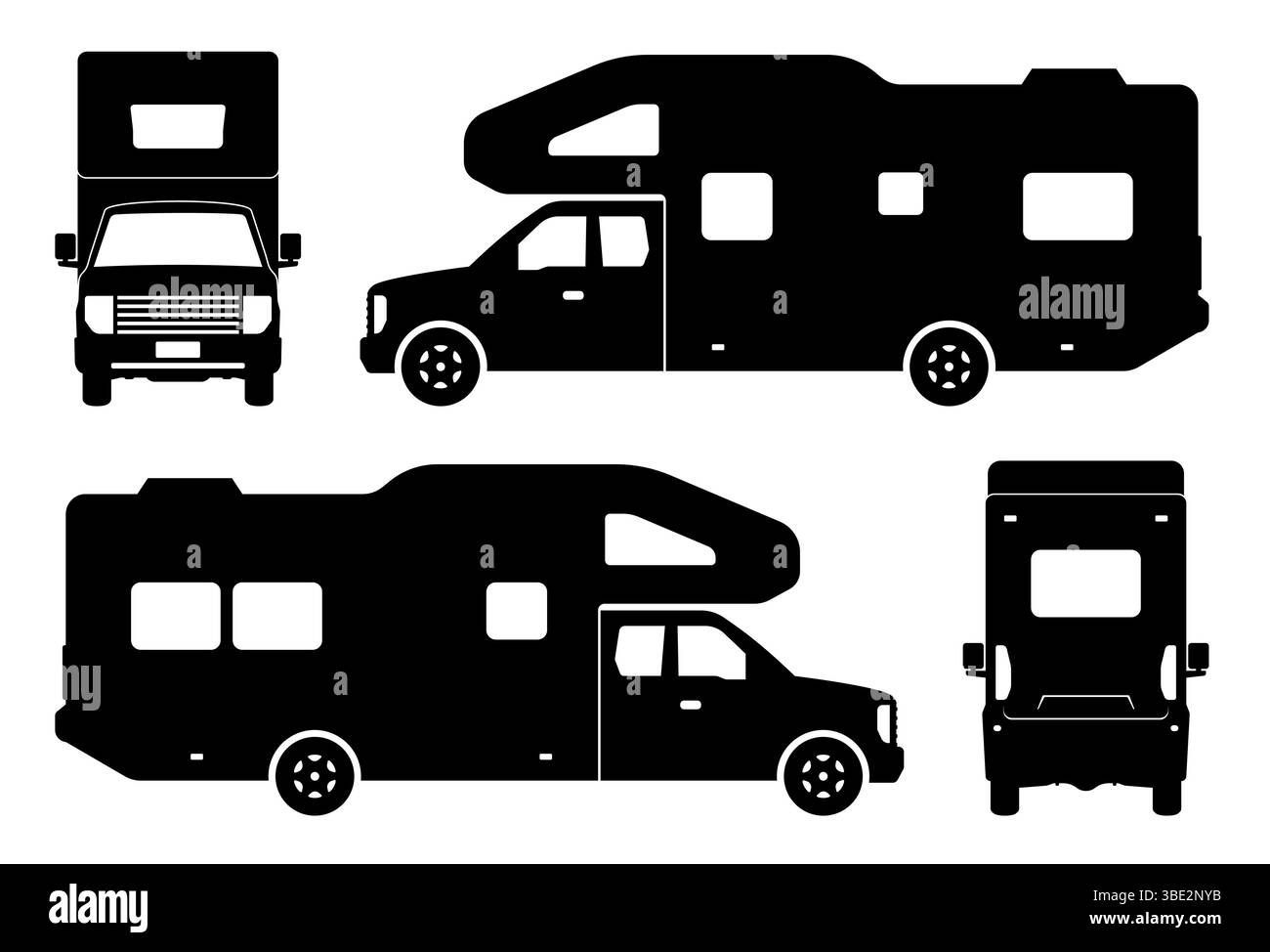 Silhouette de véhicule récréatif sur fond blanc. Les icônes du véhicule définissent la vue latérale, avant et arrière Illustration de Vecteur