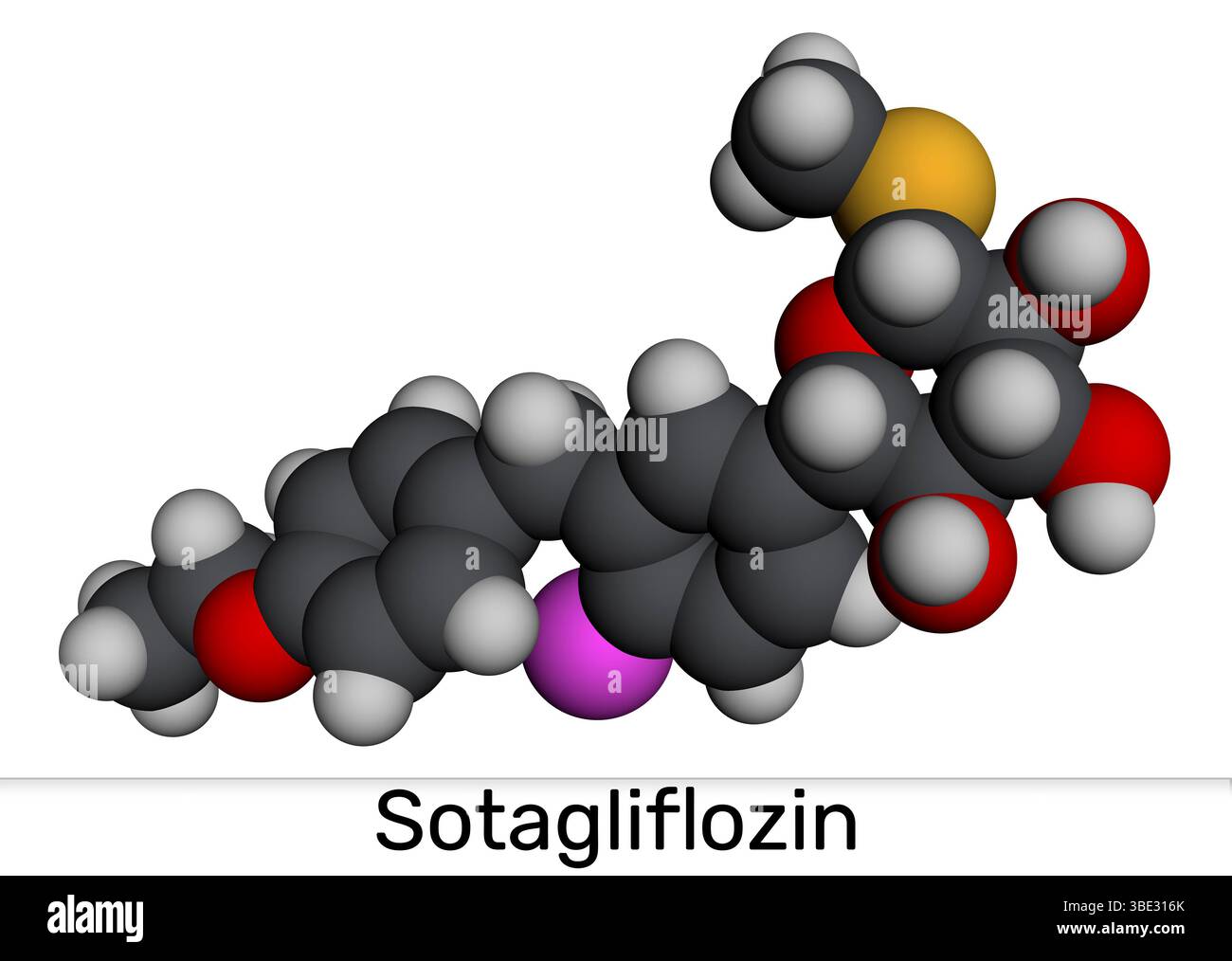 Molécule de sotagliflozine. Inhibiteur double SGLT1 et SGLT2 utilisé dans le traitement du diabète. Modèle moléculaire. Rendu 3D. Illustration Banque D'Images