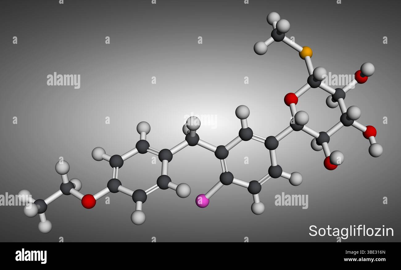 Molécule de sotagliflozine. Inhibiteur double SGLT1 et SGLT2 utilisé dans le traitement du diabète. Modèle moléculaire. Rendu 3D. Illustration Banque D'Images