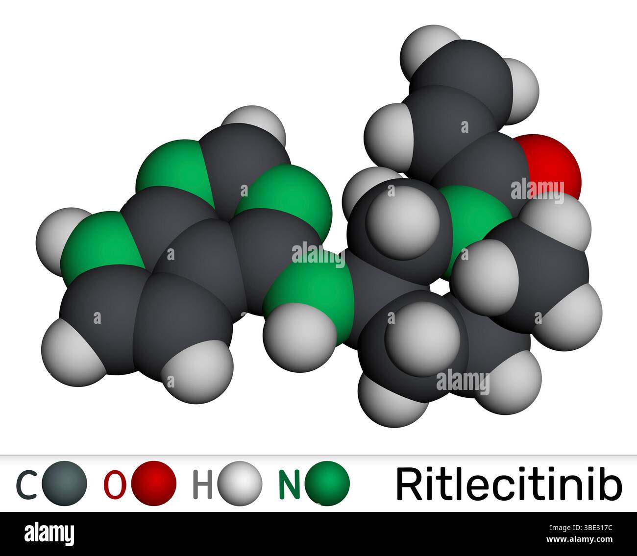 Molécule de Ritlecitinib. Inhibiteur de JAK3/TEC utilisé dans le traitement de la pelade. Modèle moléculaire. Rendu 3D. Illustration Banque D'Images