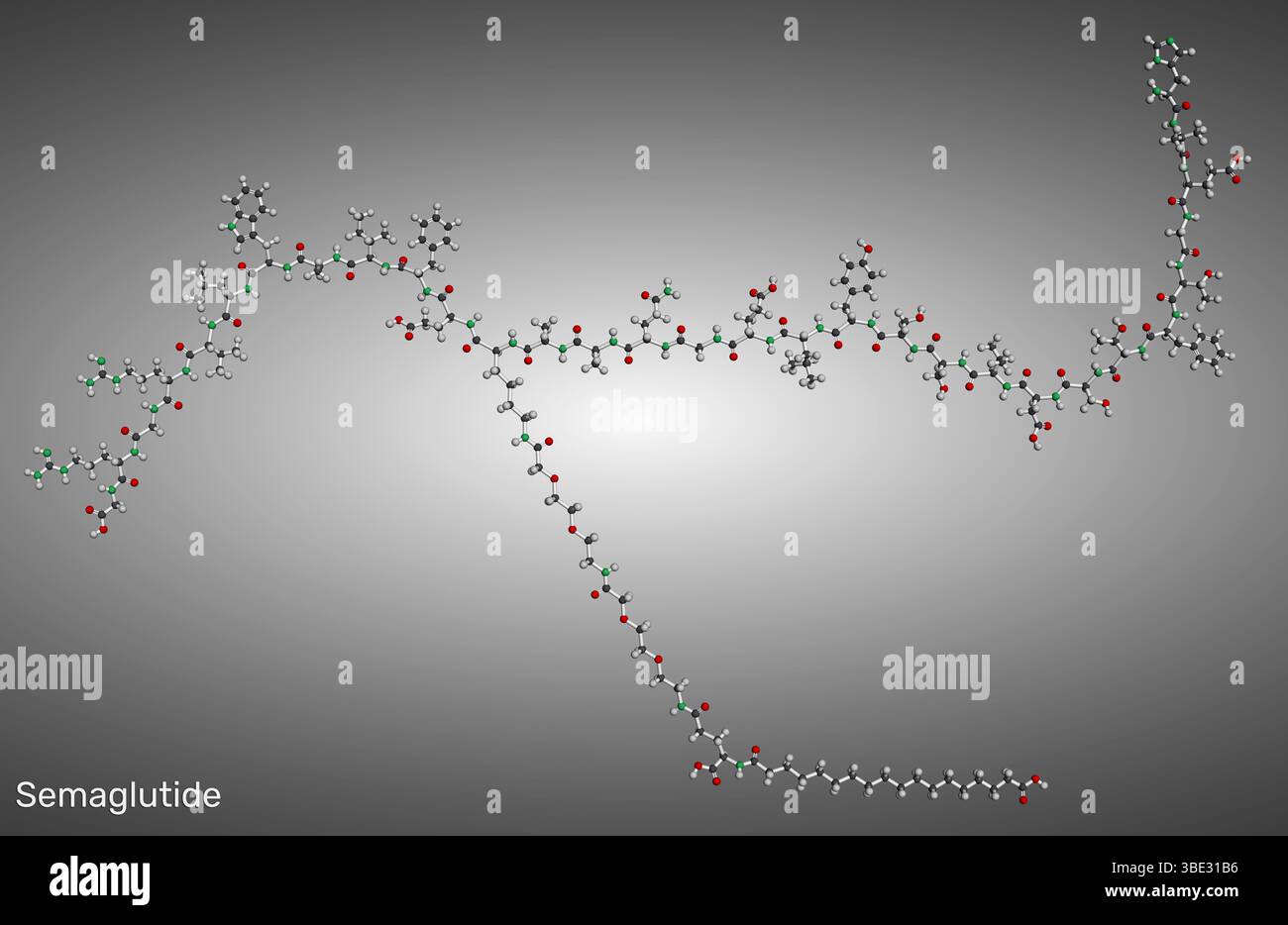 Molécule de semaglutide. Agoniste du récepteur GLP-1 utilisé pour traiter le diabète de type 2 et l'obésité. Modèle moléculaire. Rendu 3D. Illustration Banque D'Images