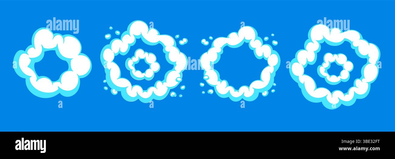 Explosion de nuage de bouffée comique de dessin animé avec effet de fumée blanche et de poussière sur fond bleu vif. Éléments de nuage et d'explosion dans le style vectoriel de dessin animé Illustration de Vecteur