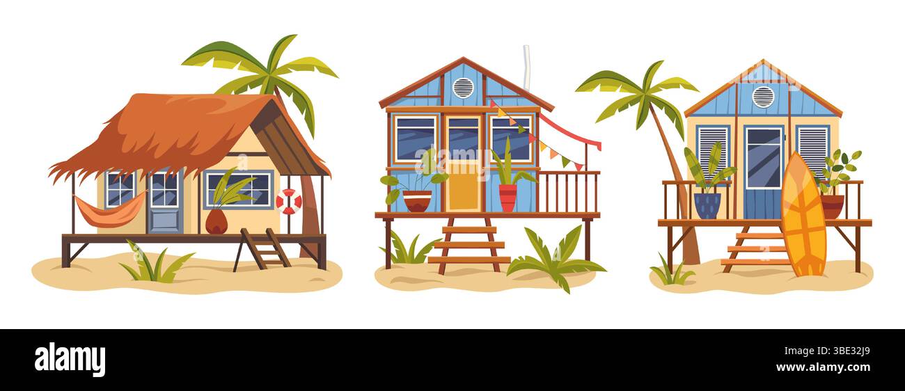 Ensemble de maison d'été ou cabane de surf en bord de mer. Bungalow vectoriel avec planche de surf ou Summerhouse pour les vacances. Refuge pour surfeurs pour les loisirs. Architecture côtière extérieure. Vacances à la mer et détente à l'océan. Illustration de Vecteur