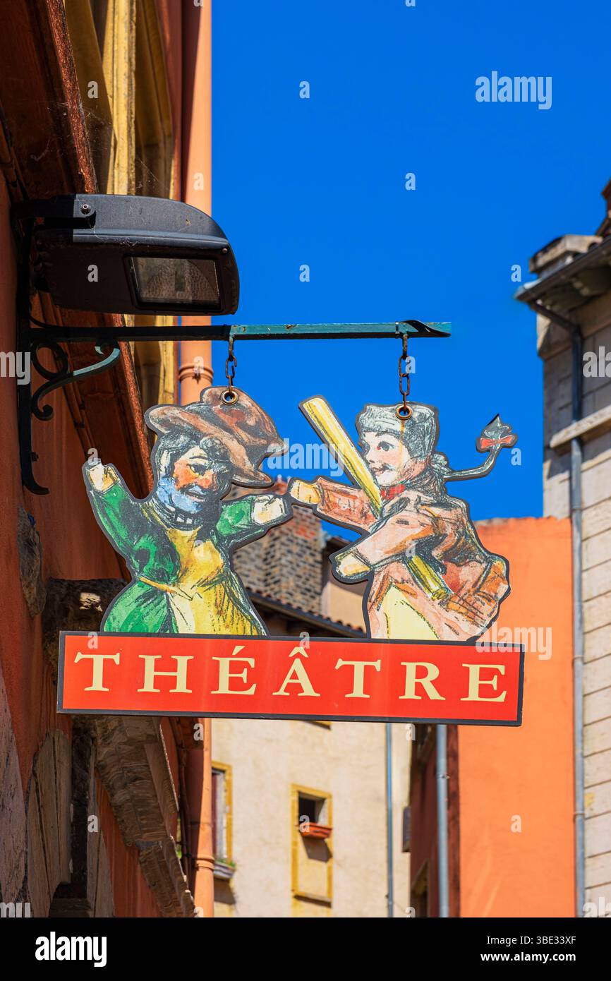 France, Rhône, Lyon, Vieux Lyon, site historique classé au patrimoine mondial de l'UNESCO, quartier Saint-Georges, Théâtre de la Maison de Guignol, spectacles de marionnettes Guignol et café-théâtre Banque D'Images