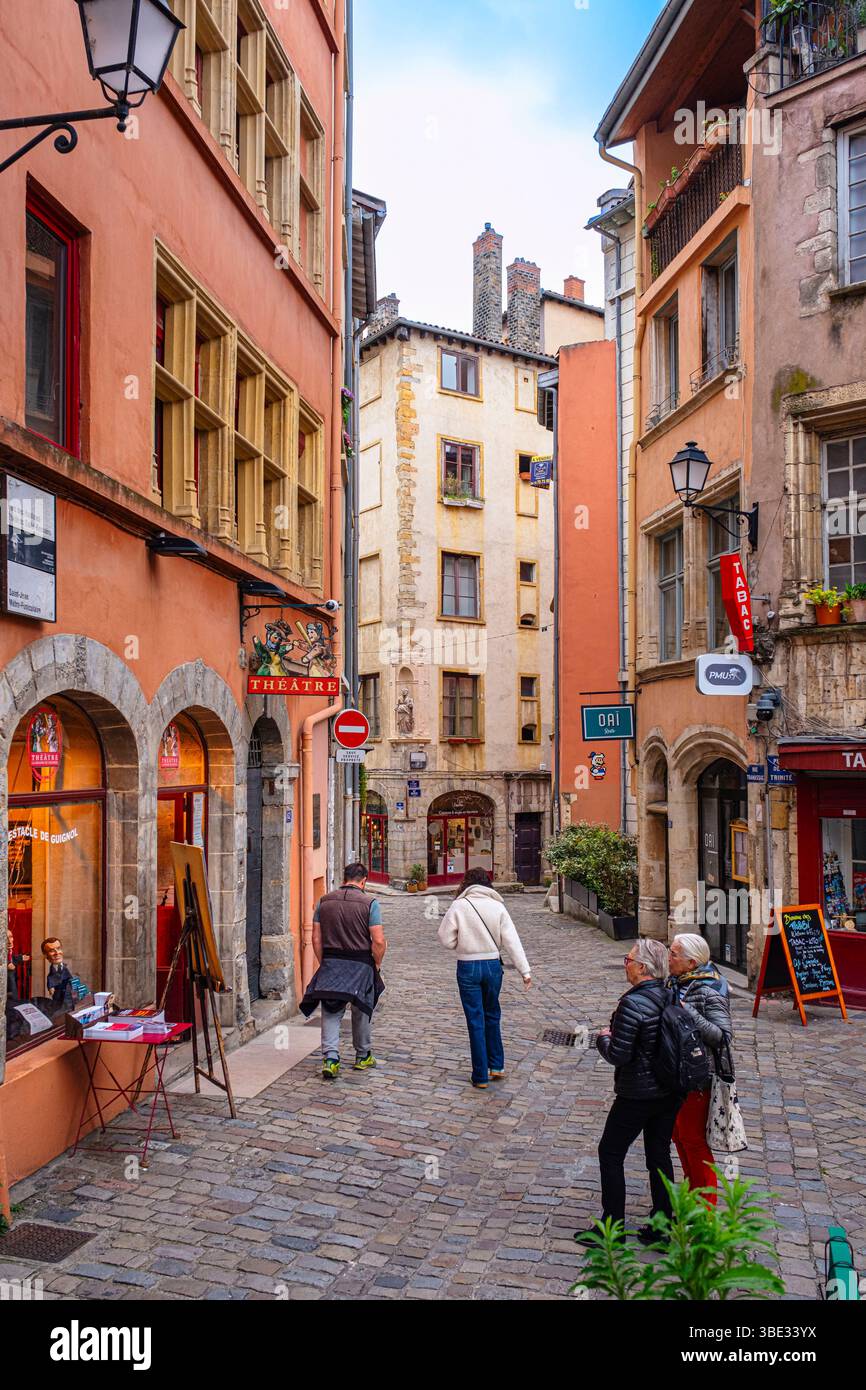 France, Rhône, Lyon, Vieux Lyon, site historique classé au patrimoine mondial de l'UNESCO, quartier Saint-Georges, Théâtre de la Maison de Guignol, spectacles de marionnettes Guignol et café-théâtre Banque D'Images