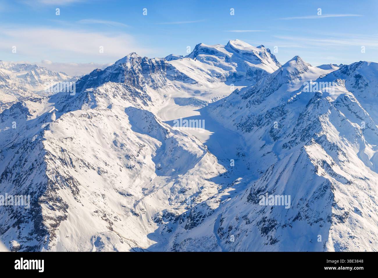 Suisse, Valais, Zermatt, Monte Rosa, massif du Monte Rosa, Monte Rosa, Glacier Glacier glacier du Gorner, frontière (vue aérienne) Banque D'Images