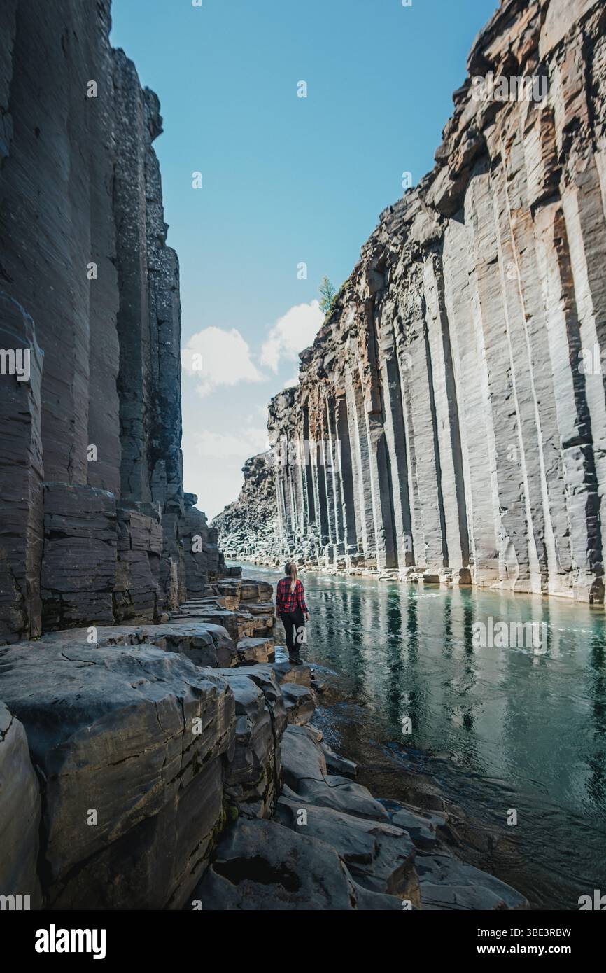 Traveler se tient dans le canyon de Studlagil à côté de la rivière glaciale turquoise, Islande. Banque D'Images