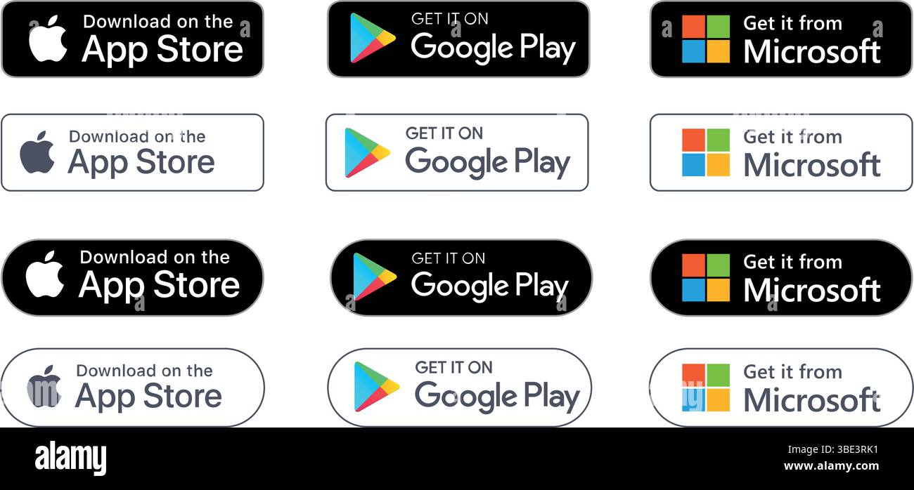 Apple App Store, Google Play, boutons de téléchargement Microsoft Store définis sur fond transparent. Illustration de Vecteur