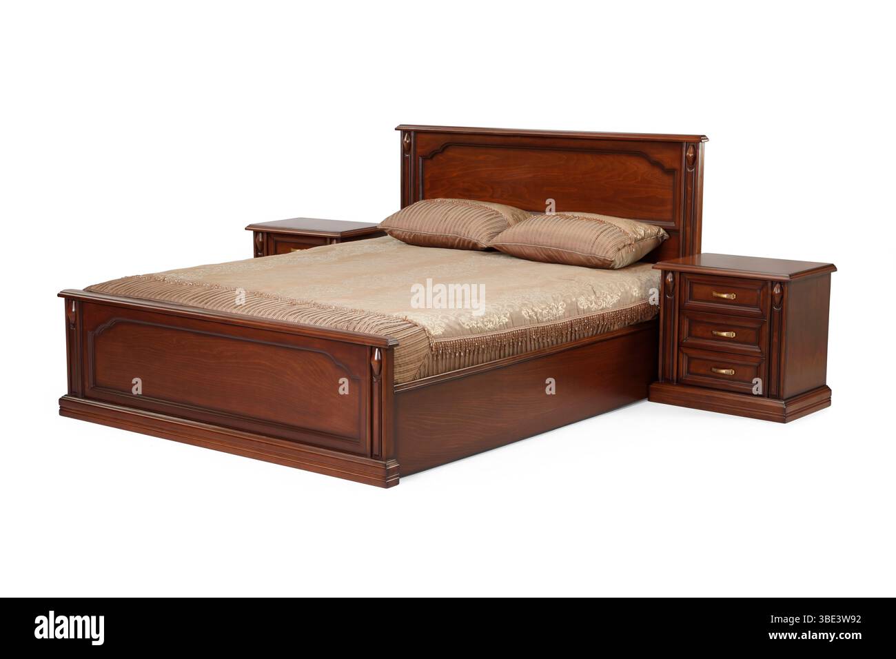 Lit moderne et table de chevet isolé sur fond blanc Banque D'Images