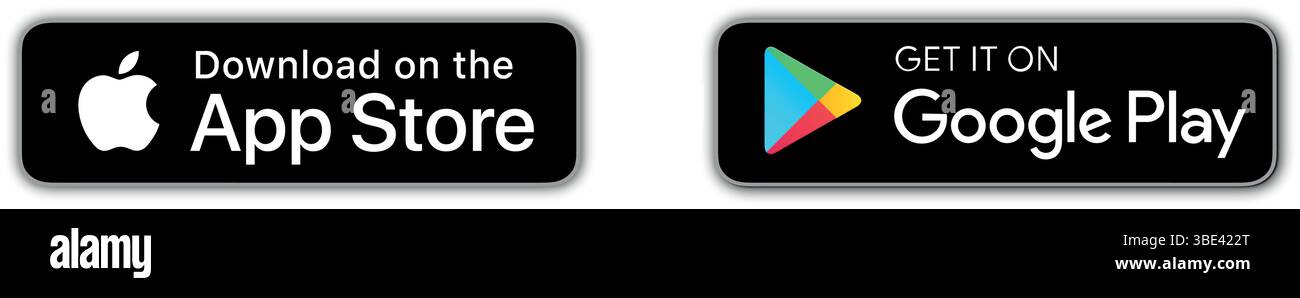 Apple App Store, Google Play, boutons de téléchargement Microsoft Store définis sur fond transparent. Illustration de Vecteur