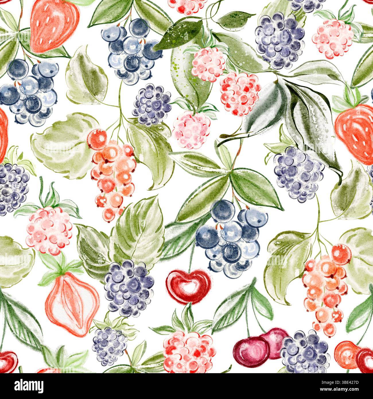 Illustration d'aquarelle dessinée à la main mettant en vedette des fraises, des bleuets, des framboises, des cerises et des mûres. Modèle sans couture adapté au tissu, Banque D'Images
