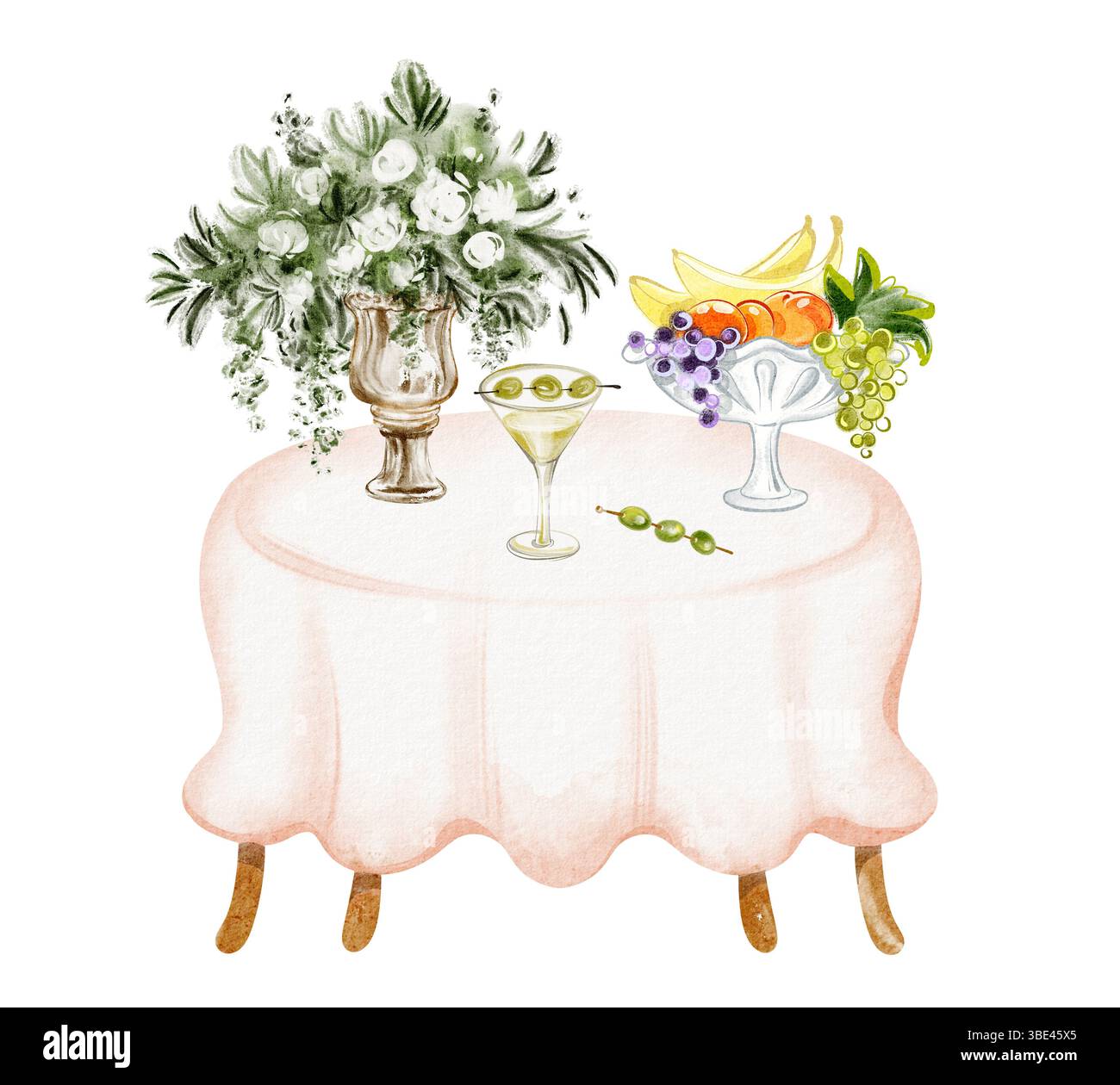 Aquarelle illustration table pour le dîner avec vin, bougies et bouquet. Comprend de la nourriture, des desserts et des boissons sur une table de restaurant élégante. Banque D'Images