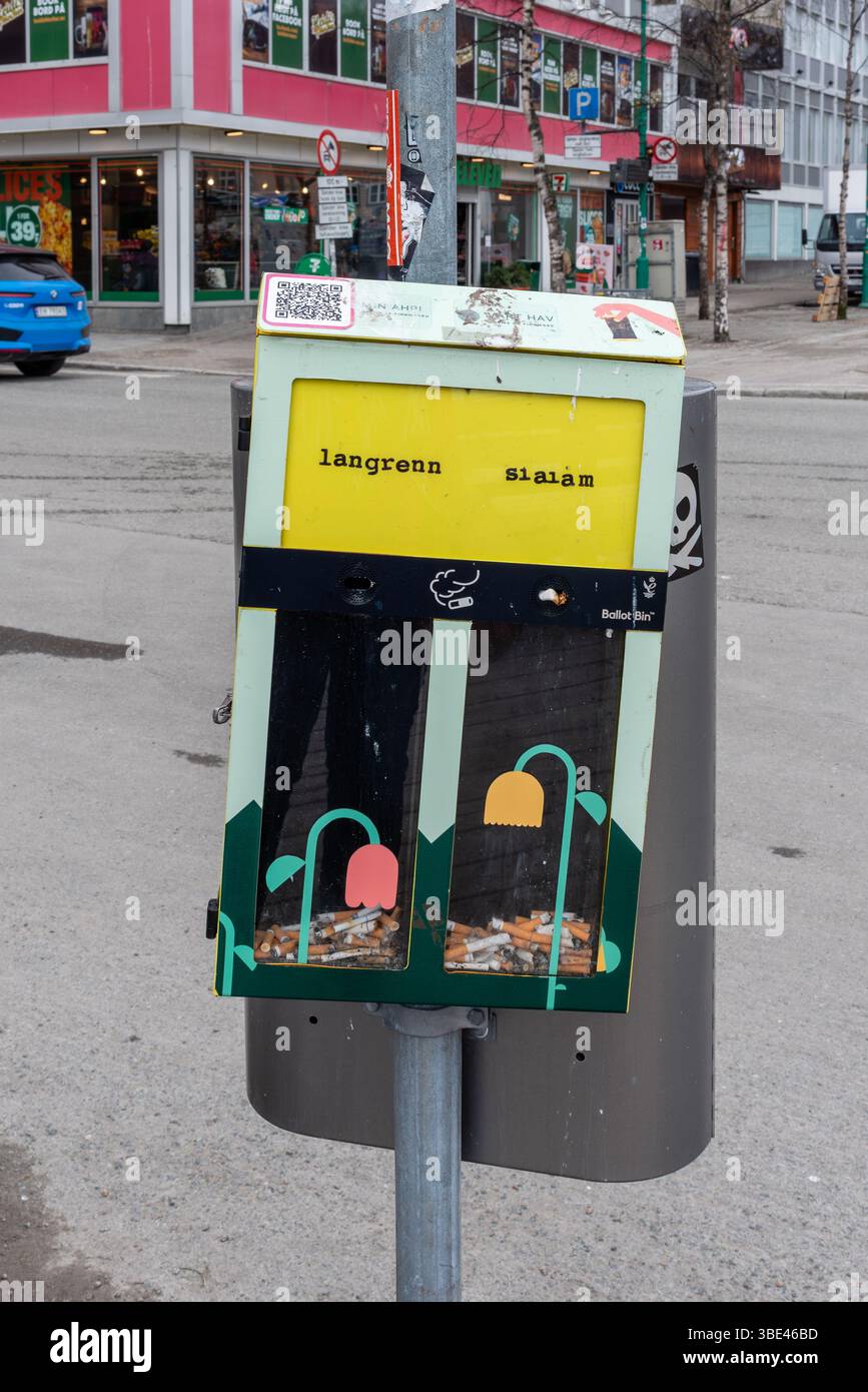 Tromsø, Norvège. Urne pour cigarettes. Les gens peuvent voter entre le ski de fond ou le slalom en mettant leur mégot de cigarette dans la boîte Banque D'Images