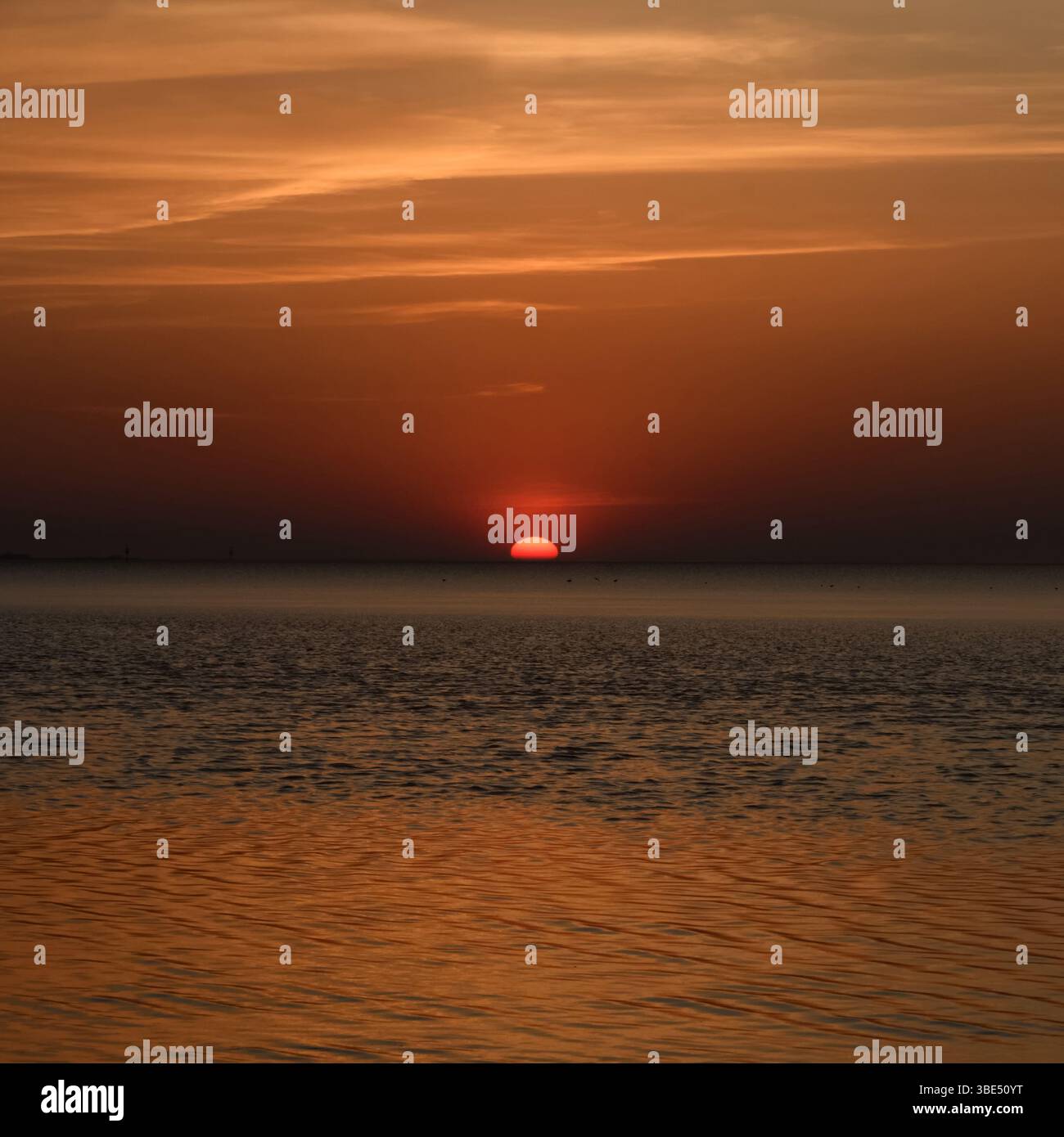 coucher de soleil atmosphérique... Cuxhaven * mer du Nord *, temps calme, soleil rouge incandescent coule dans la mer, mer calme, grande lumière, silence absolu, mer des Wadden de Banque D'Images