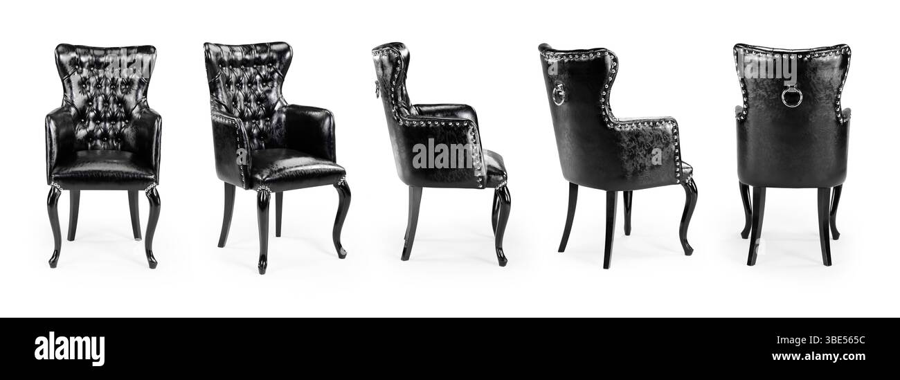 Chaise en cuir noir dans différents angles isolé sur fond blanc Banque D'Images