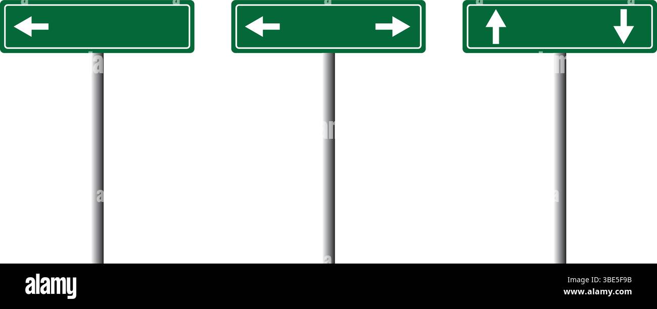 Une collection de panneaux routiers verts avec des flèches, des symboles et des marqueurs de position idéaux pour la navigation, les cartes et les conceptions de transport. Illustration de Vecteur