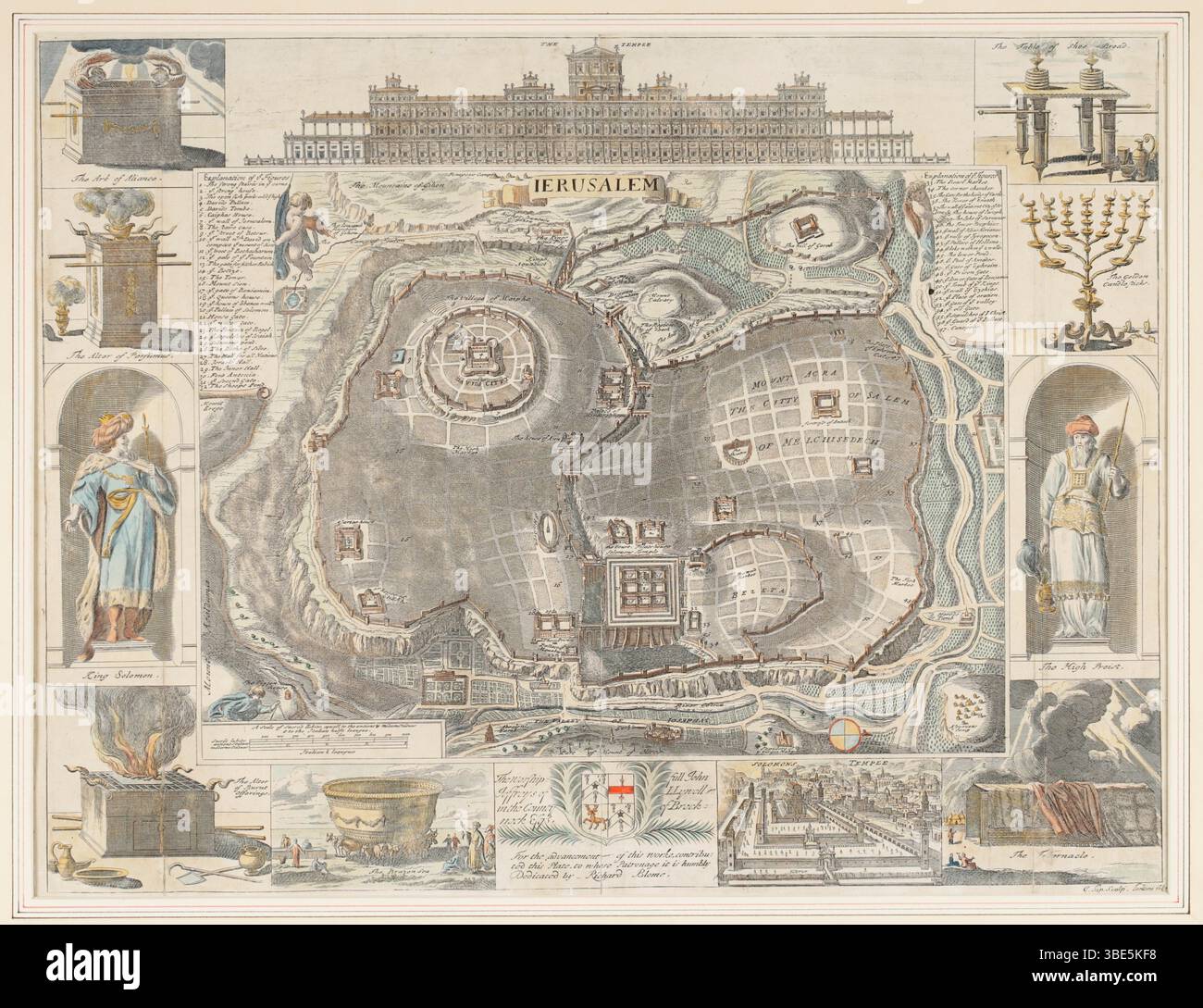 Jérusalem, gravure sur cuivre, colorée à la main. Archive Pictorial Map de John Kip, 1689, avec cartouche borcer d'architecture et de personnes. Banque D'Images