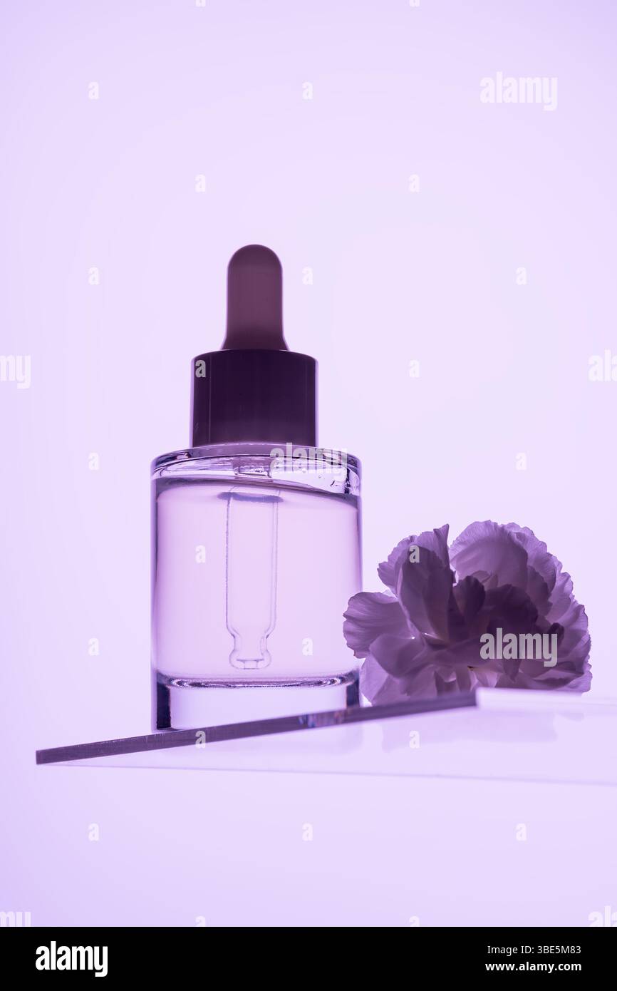 Une bouteille en verre de sérum visage avec un compte-gouttes repose sur une surface réfléchissante, soulignée par une lumière violette apaisante, accompagnée d'une fleur délicate. Banque D'Images