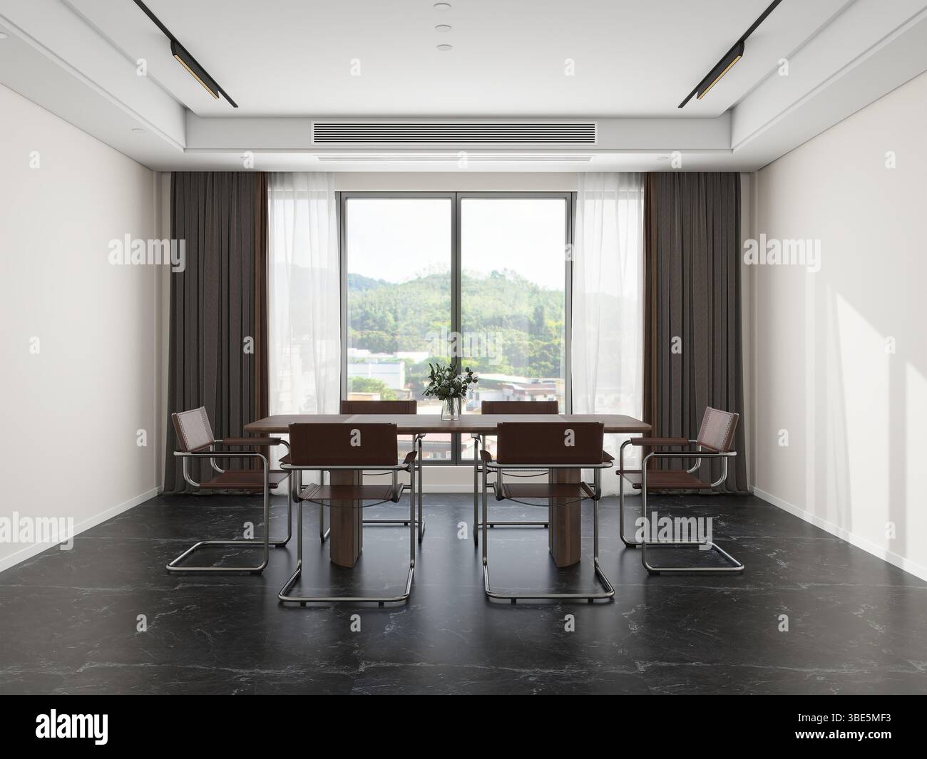 Salon moderne avec chaises en métal élégantes et table en bois, illuminé par la lumière naturelle d'une grande fenêtre avec vue panoramique, idéal pour les réunions Banque D'Images