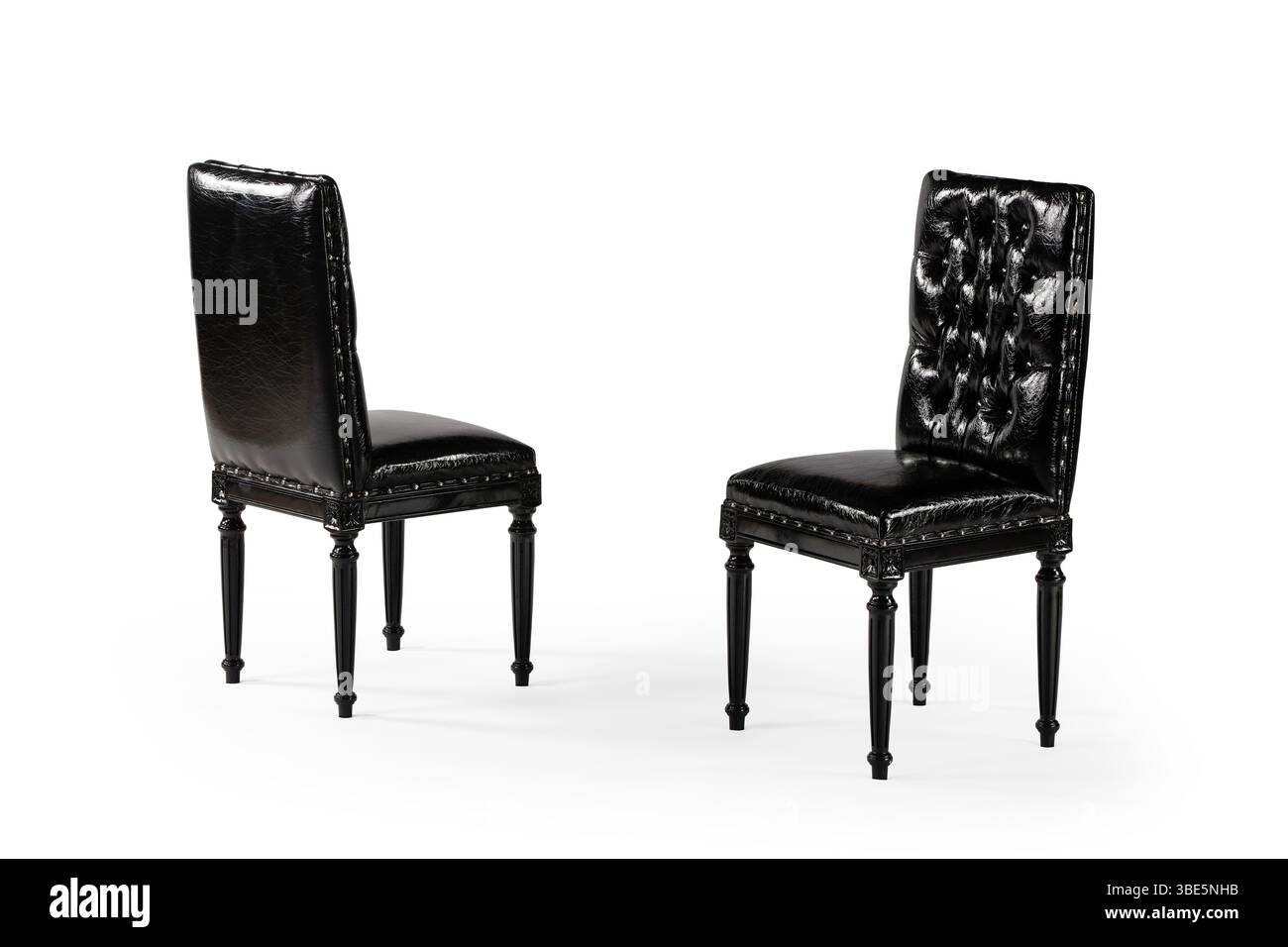 Chaise en cuir noir dans différents angles isolé sur fond blanc Banque D'Images