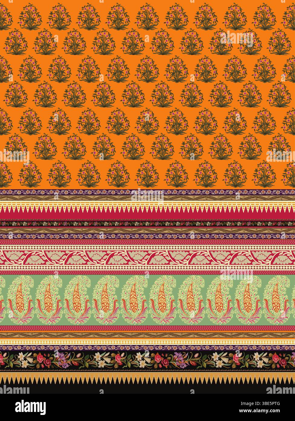 Motif textile indien vibrant avec rayures multicolores et motifs floraux Illustration de Vecteur
