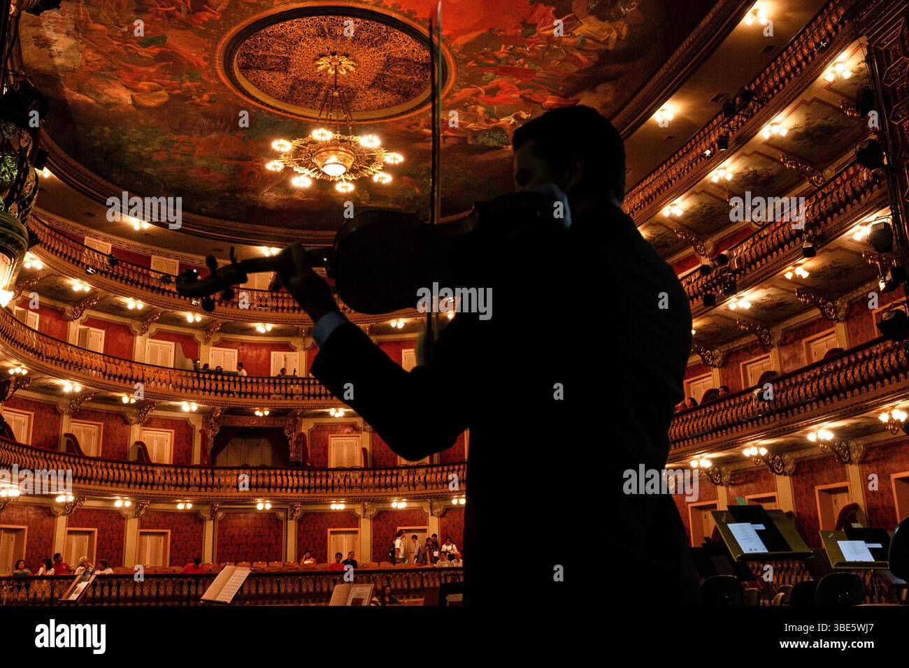 Musicien pratique le violon dans Theatro, un opéra belle époque néoclassique orné d'un lustre central et de fresques italiennes au plafond. Banque D'Images