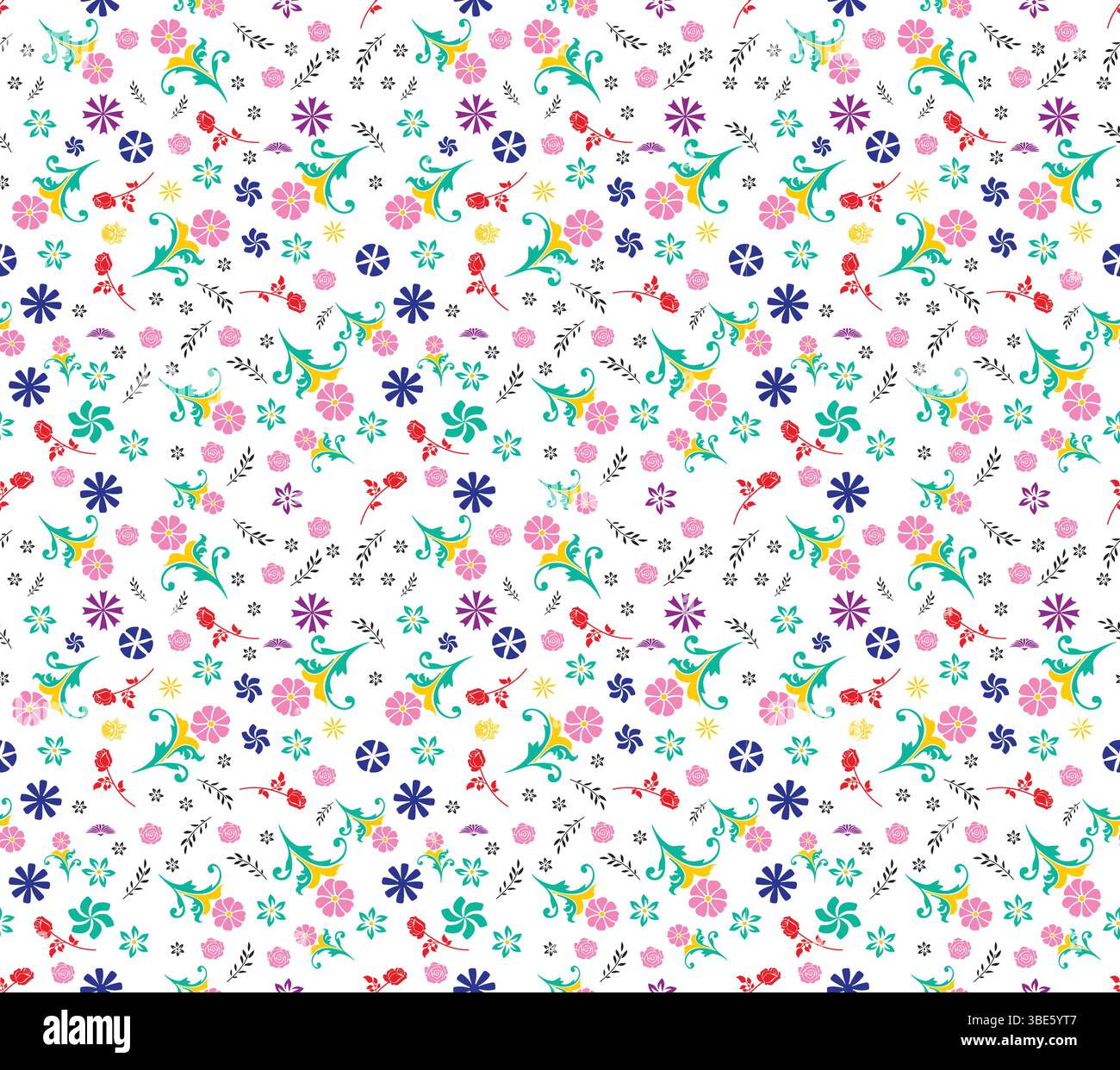 Charmant motif floral de fond blanc avec des fleurs bleu violet rose et jaune Illustration de Vecteur
