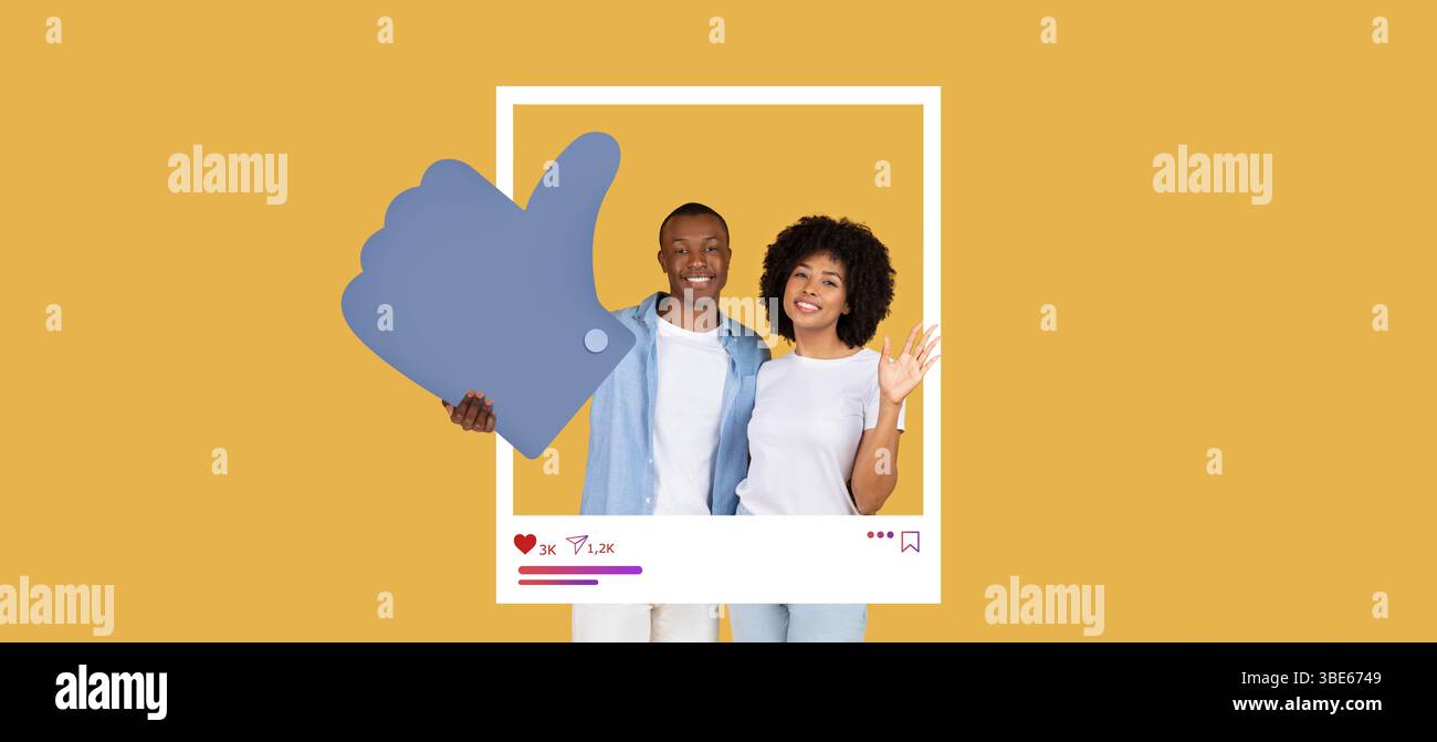 Engager les influenceurs des médias sociaux donnant les pouces vers le haut avec un arrière-plan dynamique Banque D'Images