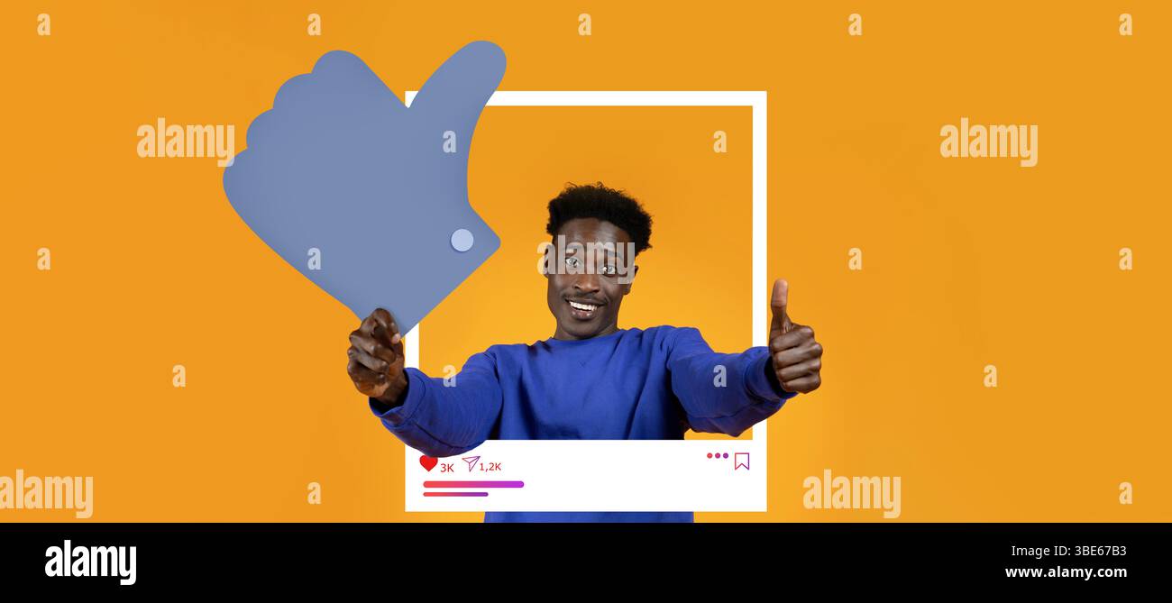 Influenceur engageant montrant les pouces vers le haut dans un fond coloré de médias sociaux Banque D'Images