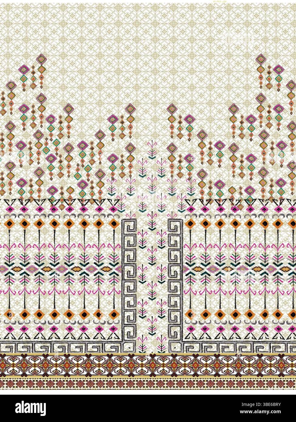 Élégant design textile géométrique beige et multicolore avec bordure de clé grecque Illustration de Vecteur