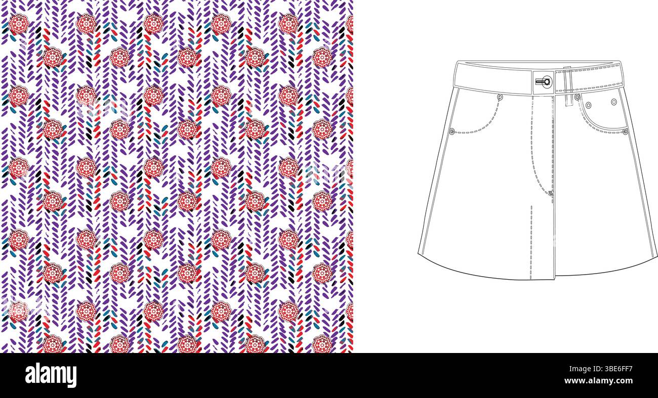 Mini-jupe en denim fleurie avec motif aquarelle répétitif Illustration de Vecteur