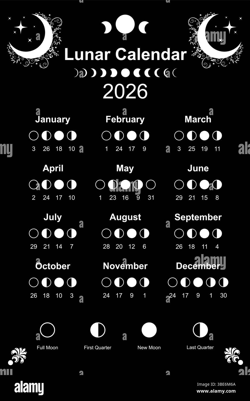 Calendrier lunaire 2026 et phases lunaires. Calendrier et cycles des phases lunaires, conception de modèle d'affiche imprimable en noir et blanc couleur, vecteur de style wiccan Illustration de Vecteur