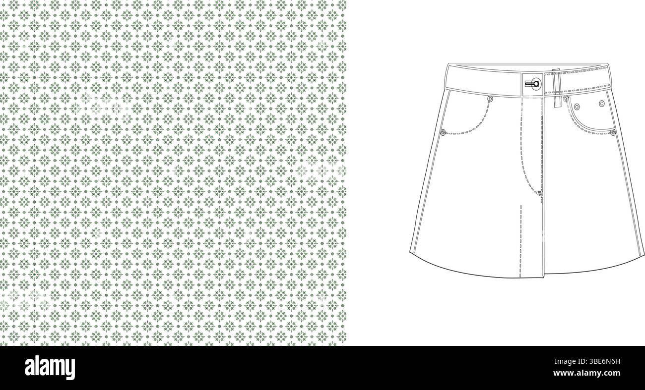 Mini-jupe en denim à motif géométrique répétitif vert sauge Illustration de Vecteur