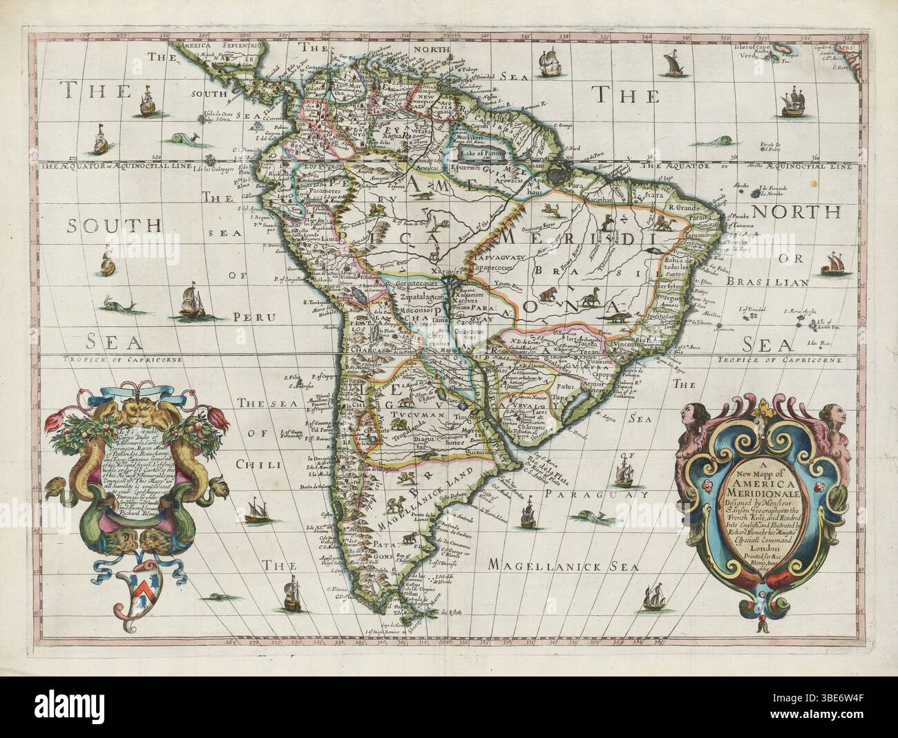 Un nouveau mapp d'Amérique Meridionale. Conçu par Mounplusieurs Sanson géographe du roi de France, rendu en anglais et illustré par Richard Blome. Carte Vintage illustrée par Richard Blome, 1669 Banque D'Images